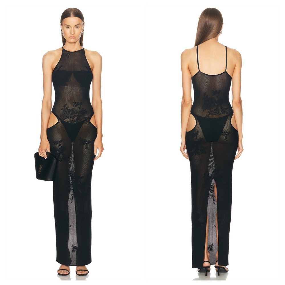 NEW Fleur Du Mal Lace Pointelle Knit Cutout Maxi Dress (Sz XS) Floral Black - Picture 4 of 16